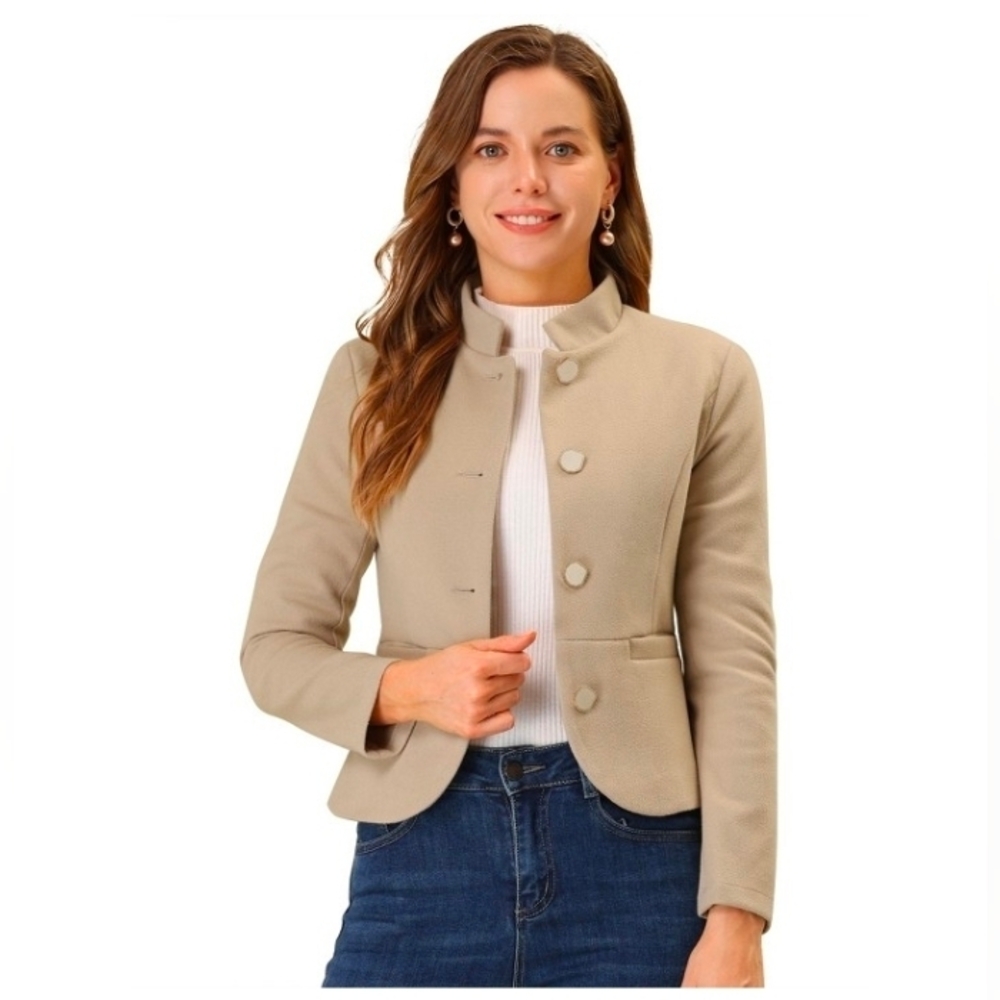 Allegra K Women's Stand Collar Pocket Single Breasted Long Sleeve Short Coat Jac